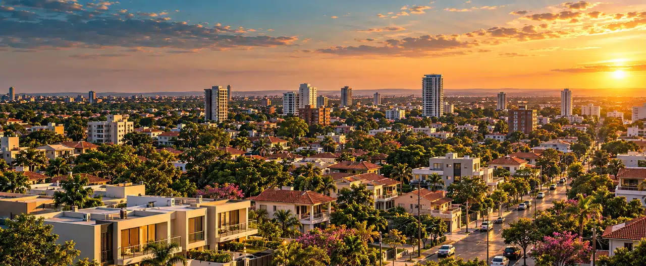 Paisagem imobiliária ilustrativa por IA para a página Comprar imóveis em Guarambaré: cidade e imobiliárias | InmueblesPY; não representa imóvel anunciado