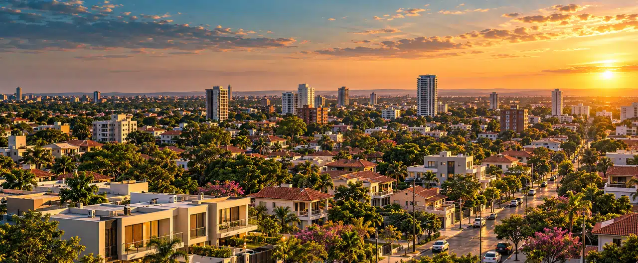 Paisagem imobiliária ilustrativa por IA para a página Comprar imóveis em Guayaibí: cidade e imobiliárias | InmueblesPY; não representa imóvel anunciado