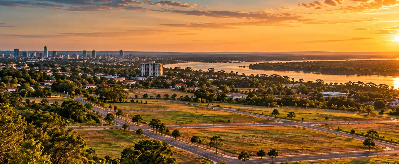 Paisagem imobiliária ilustrativa por IA para a página Terrenos à venda em San Antonio: guia e imobiliárias | InmueblesPY; não representa imóvel anunciado