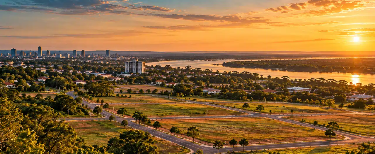 Paisagem imobiliária ilustrativa por IA para a página Terrenos à venda em Coronel Bogado: guia e imobiliárias | InmueblesPY; não representa imóvel anunciado