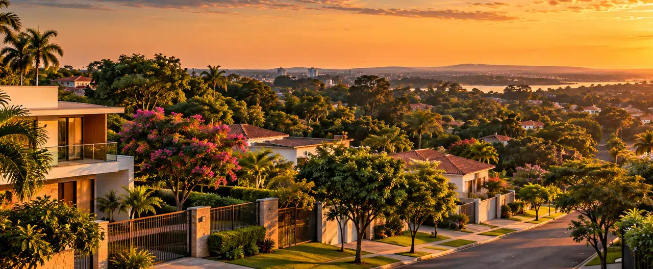 Paisagem imobiliária ilustrativa por IA para a página Imobiliárias em San Juan Bautista: diretório e contatos | InmueblesPY; não representa imóvel anunciado
