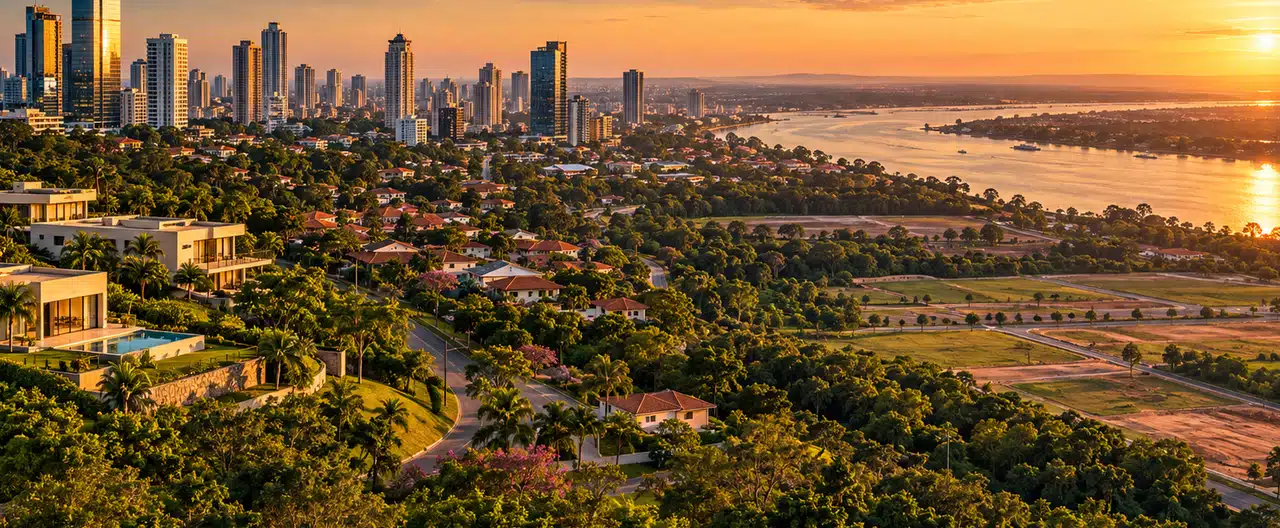 Paisagem imobiliária ilustrativa por IA para a página Comprar imóveis em Yby Yaú: cidade e imobiliárias | InmueblesPY; não representa imóvel anunciado