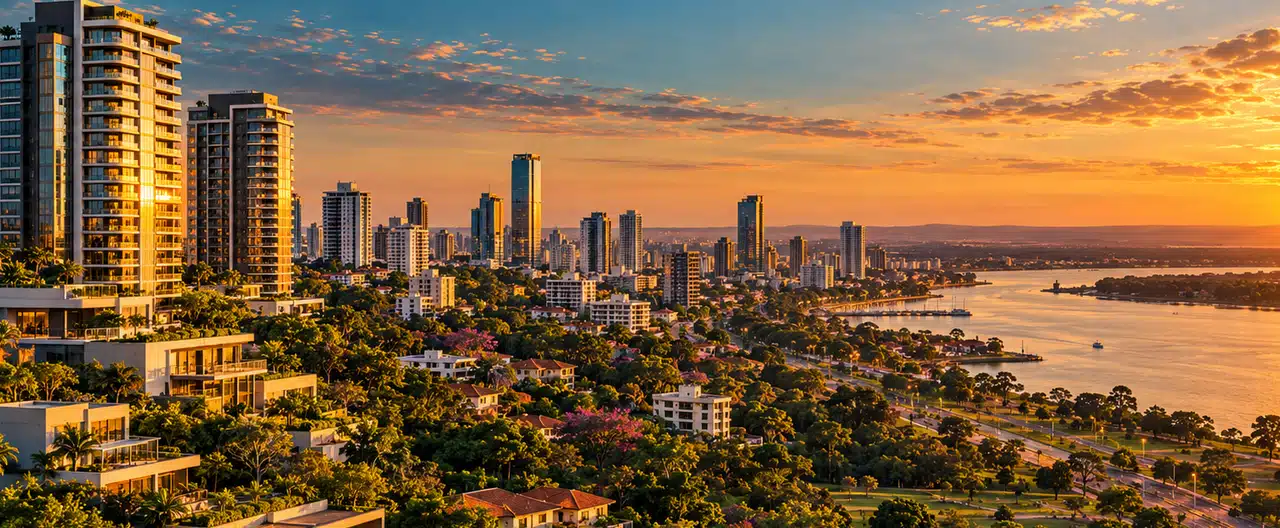 Paisagem imobiliária ilustrativa por IA para a página Comprar imóveis em San Lázaro: cidade e imobiliárias | InmueblesPY; não representa imóvel anunciado