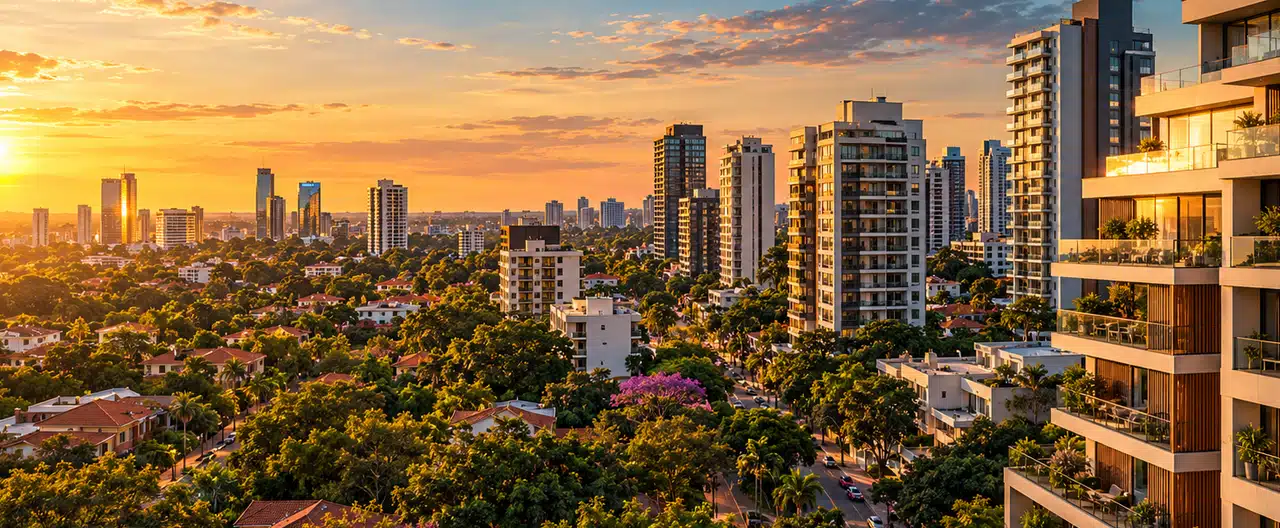 Paisagem imobiliária ilustrativa por IA para a página Comprar imóveis em General Álvarez: cidade e imobiliárias | InmueblesPY; não representa imóvel anunciado