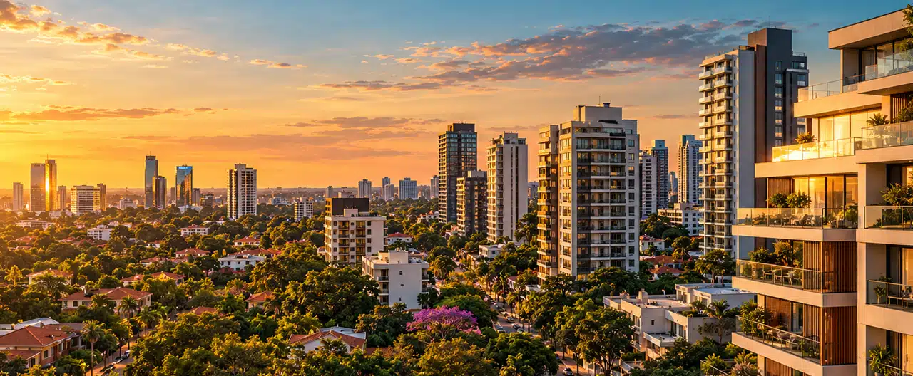 Paisagem imobiliária ilustrativa por IA para a página Imobiliárias em Salto del Guairá: diretório e contatos | InmueblesPY; não representa imóvel anunciado
