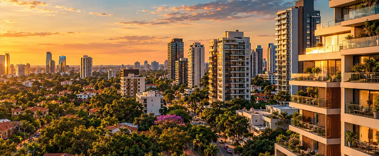 Paisagem imobiliária ilustrativa por IA para a página Imobiliárias em Doctor Juan Eulogio Estigarribia: diretório e contatos | InmueblesPY; não representa imóvel anunciado