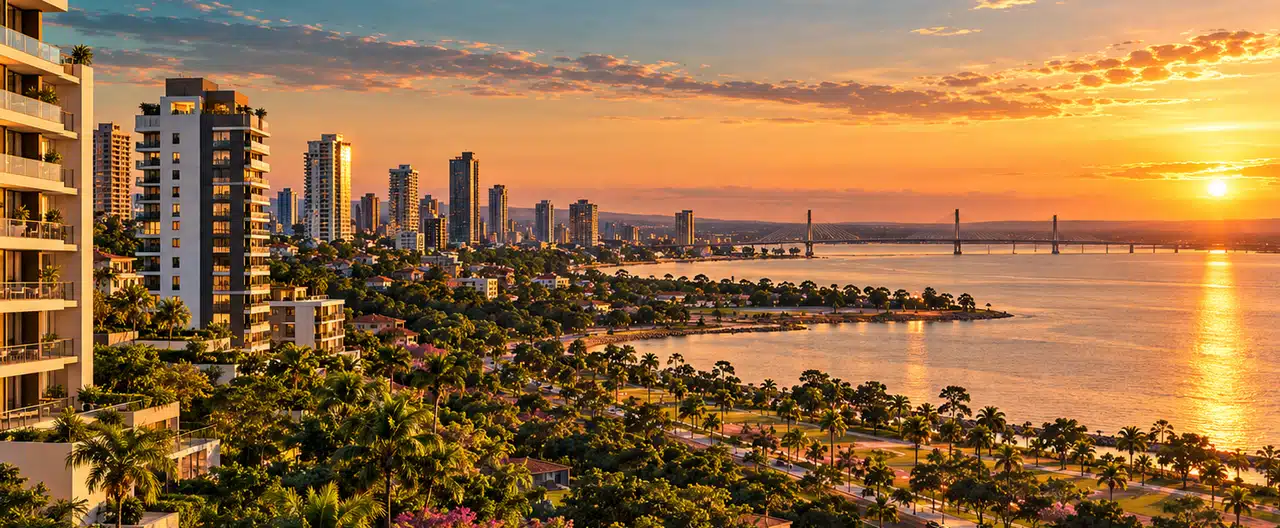 Paisagem imobiliária ilustrativa por IA para a página Imobiliárias em Presidente Franco: diretório e contatos | InmueblesPY; não representa imóvel anunciado