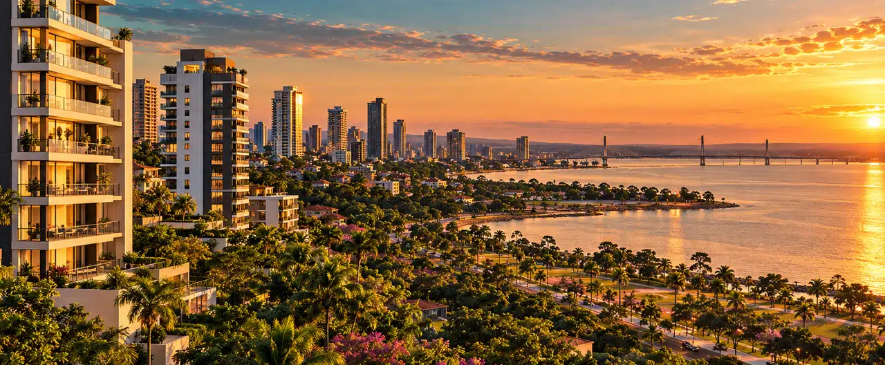 Paisagem imobiliária ilustrativa por IA para a página Cidades e departamentos do Paraguai | InmueblesPY; não representa imóvel anunciado